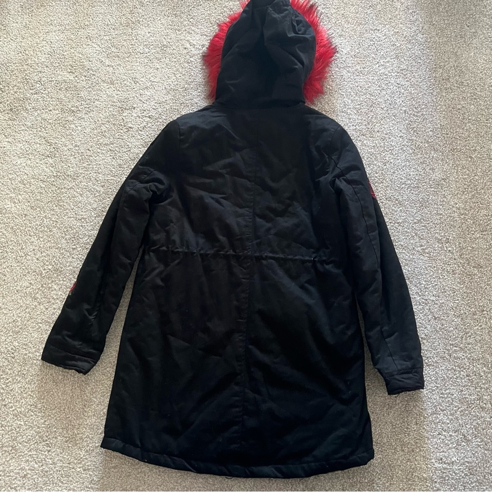 Y2K Rue 21 Black Floral Roses Embroidered Coat w Red Fur lined hood - Picture 11 of 16